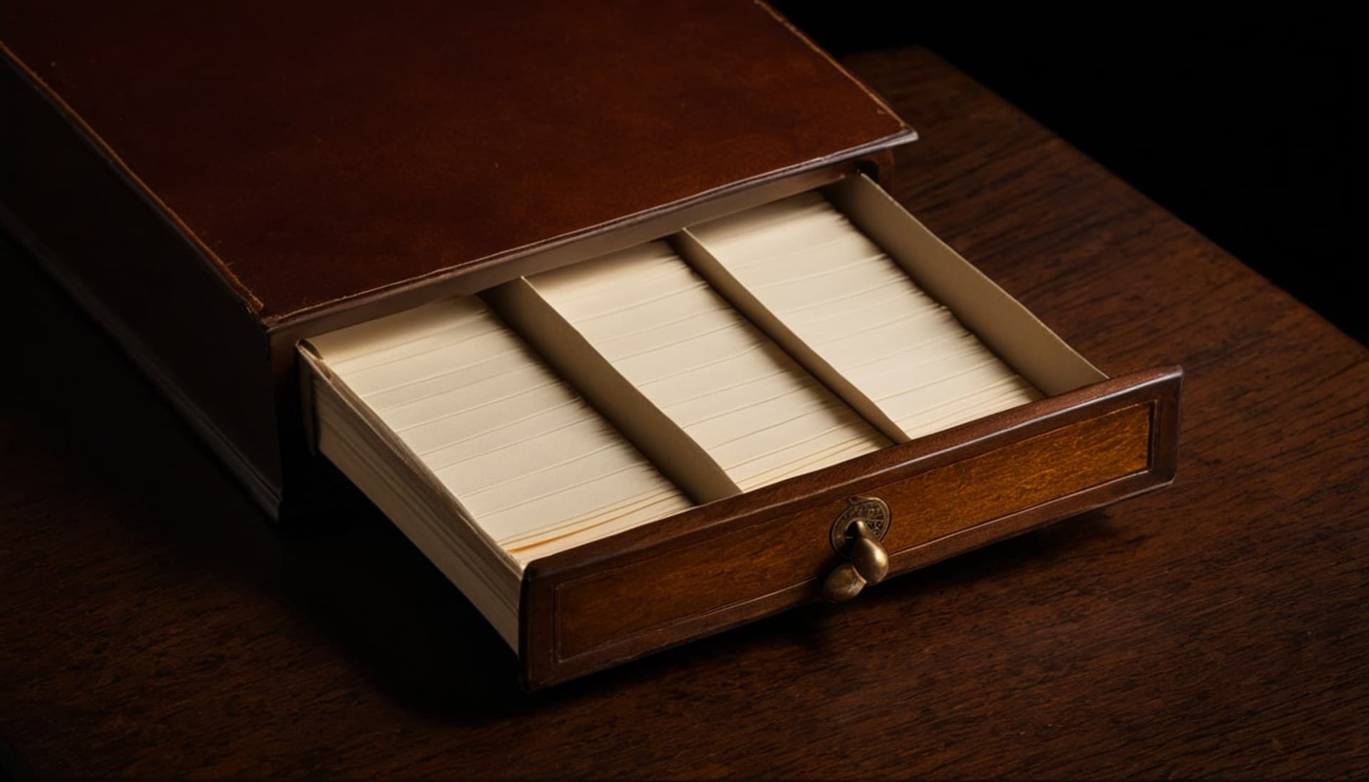 A wooden library card catalog drawer pulled open on a dark table with rows of cream index cards inside, a metaphor for agentic search reading records on demand instead of pre-indexing them in a vector database