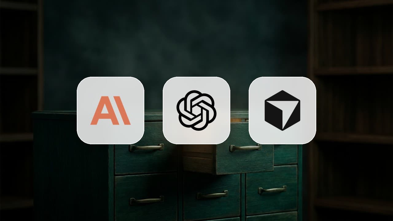 Anthropic, OpenAI and Cursor app-icon tiles floating above a dark teal library card-catalog cabinet with one drawer pulled open, a metaphor for AGENTS.md as the single shared instruction file that Claude Code, Codex and Cursor all read