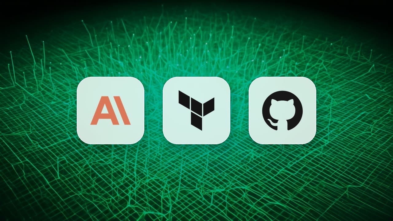 The Claude, Terraform and GitHub logos on frosted tiles over a dark emerald technical background of branching dependency lines, representing managing Claude agents as code in a repository with ant apply