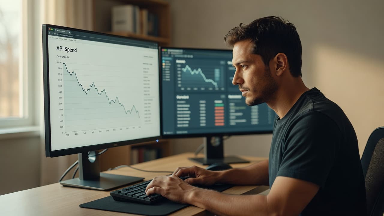 A developer reviewing an API cost dashboard with spend trending sharply down after enabling Anthropic prompt caching
