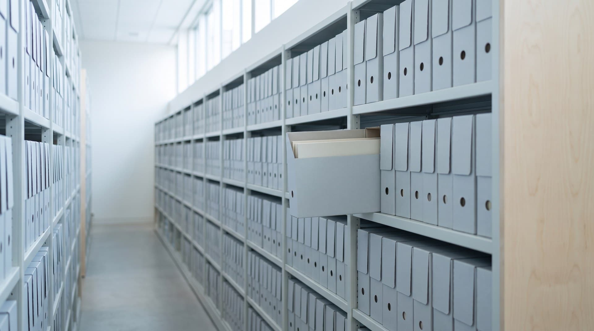 A bright archive room with long rows of pale steel shelving holding uniform grey archival boxes, one box pulled halfway out at chest height, representing a Claude agent memory store mounted as a directory the agent can read and write