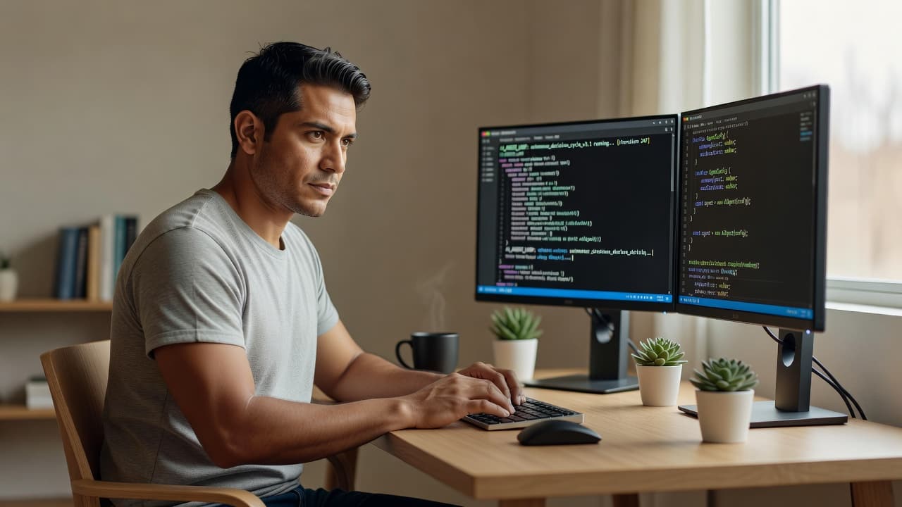 A software engineer building an AI agent with the Claude Agent SDK while an autonomous agent loop runs in a terminal