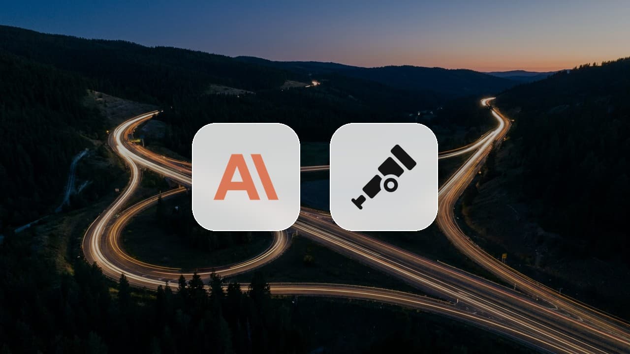 The Claude and OpenTelemetry logos on frosted tiles over a long-exposure aerial photo of highway light trails at dusk, a visual for Claude API OpenTelemetry tracing following each request's path