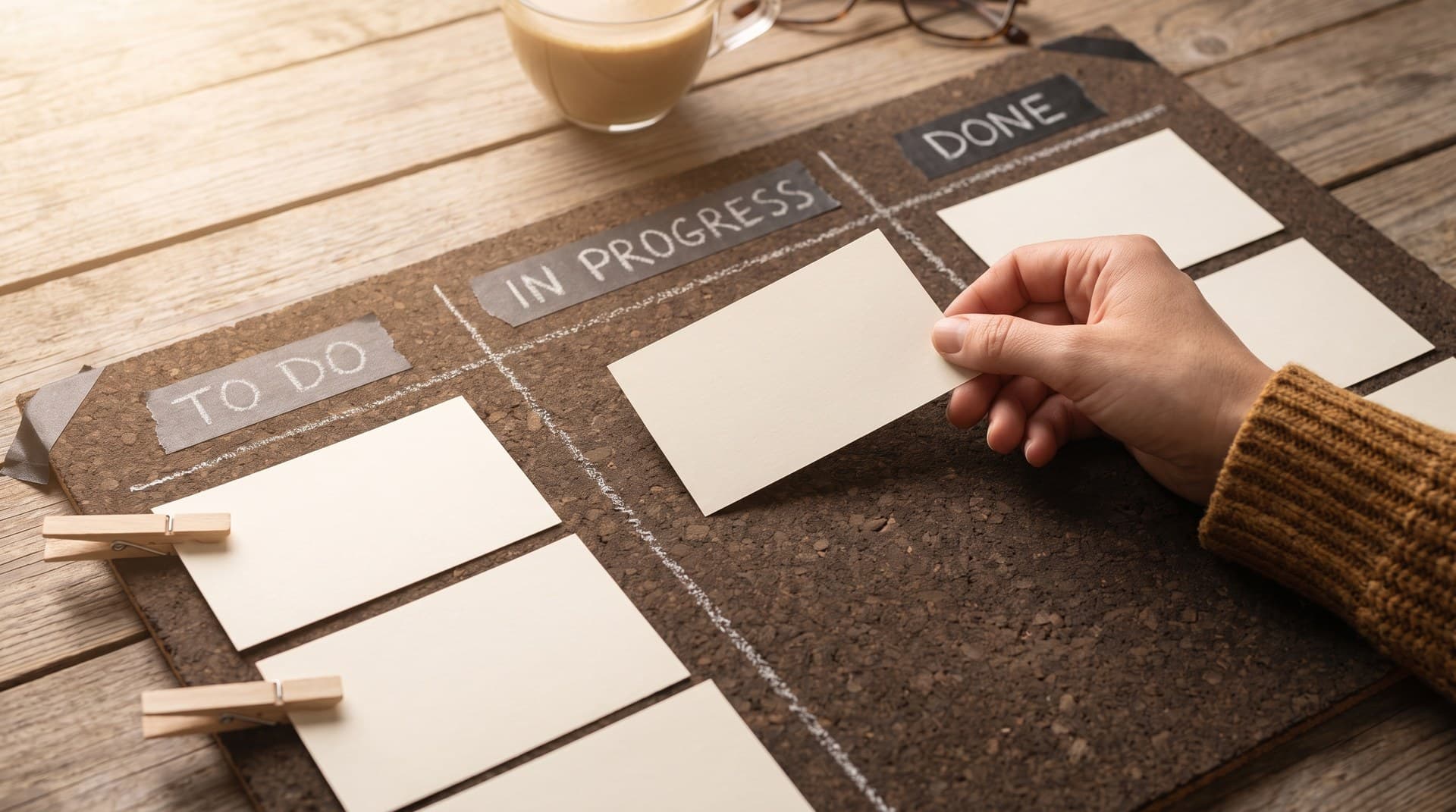 A hand moving a task card across a To Do, In Progress, Done board, representing a shared task list between AI agents