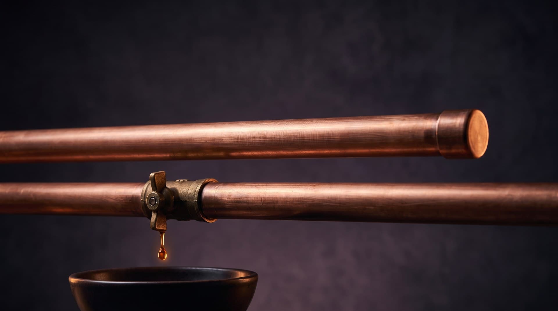 Two brushed-copper pipes on a deep charcoal-plum background, the upper one capped and sealed while the lower one drips glowing amber liquid through a small brass valve into a dark dish, a metaphor for Claude Code auto mode sessions where the classifier still bills tokens