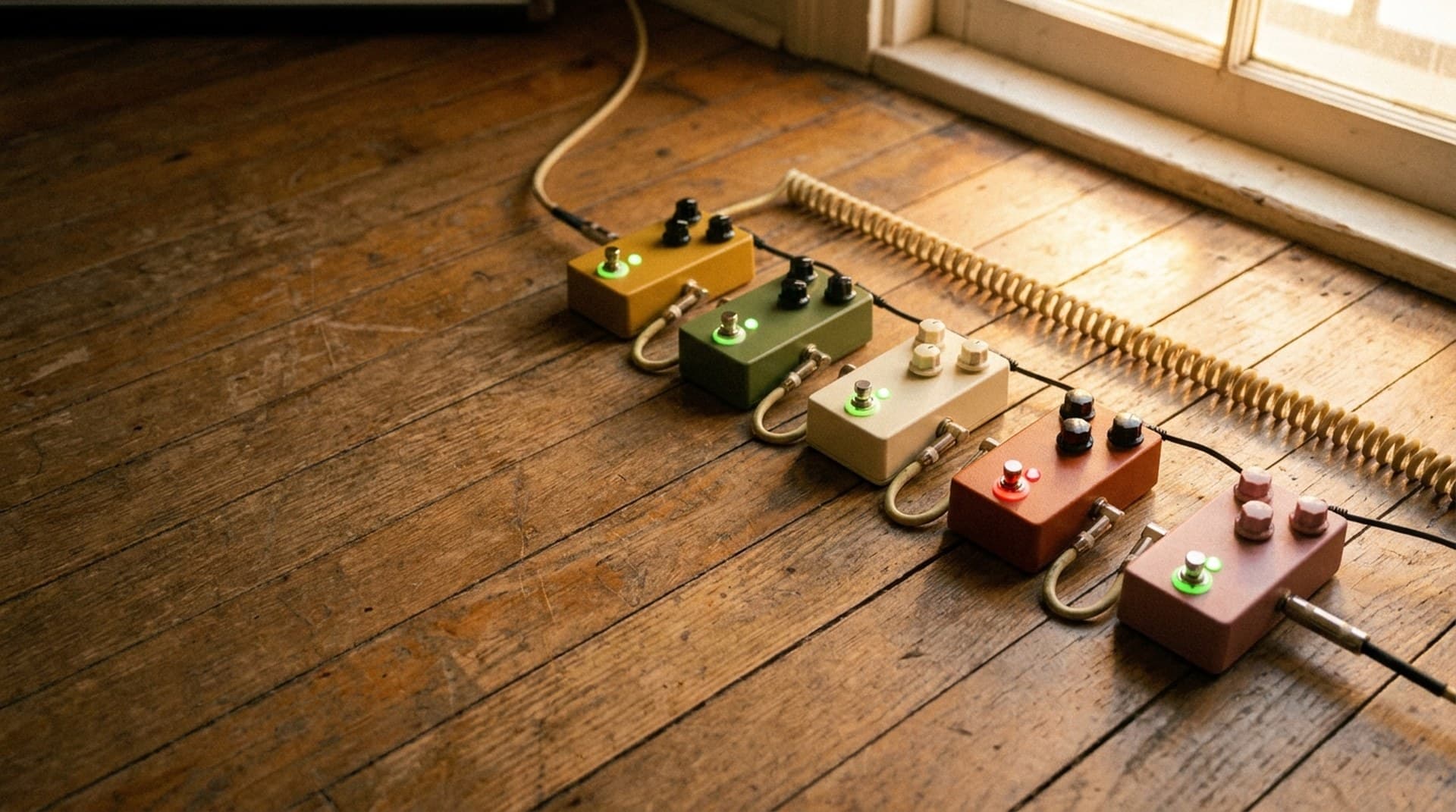 Five boutique guitar effects pedals chained with patch cables on a wooden floor, one glowing red as if blocking the signal, a metaphor for Claude Code mods running as a middleware chain that can stop a tool call