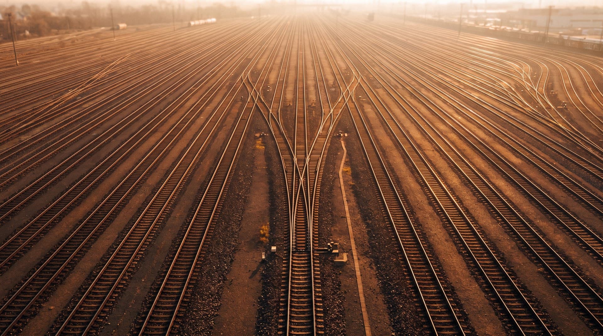 Aerial view of a railway switching yard at golden hour, one main line fanning out through junctions into dozens of parallel tracks, a visual metaphor for a Claude Code Project coordinator dispatching parallel cloud threads