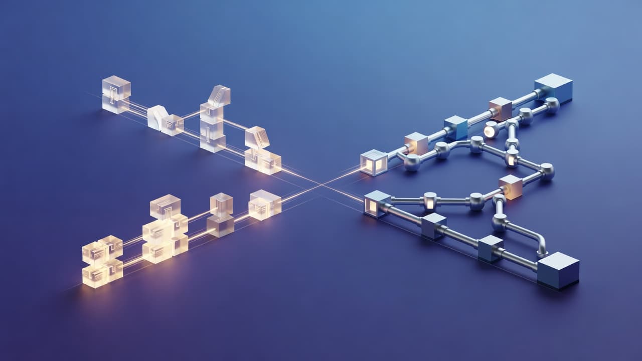 A decision fork between two automation systems: assembling building blocks on one side, a network of connected pipes and nodes on the other