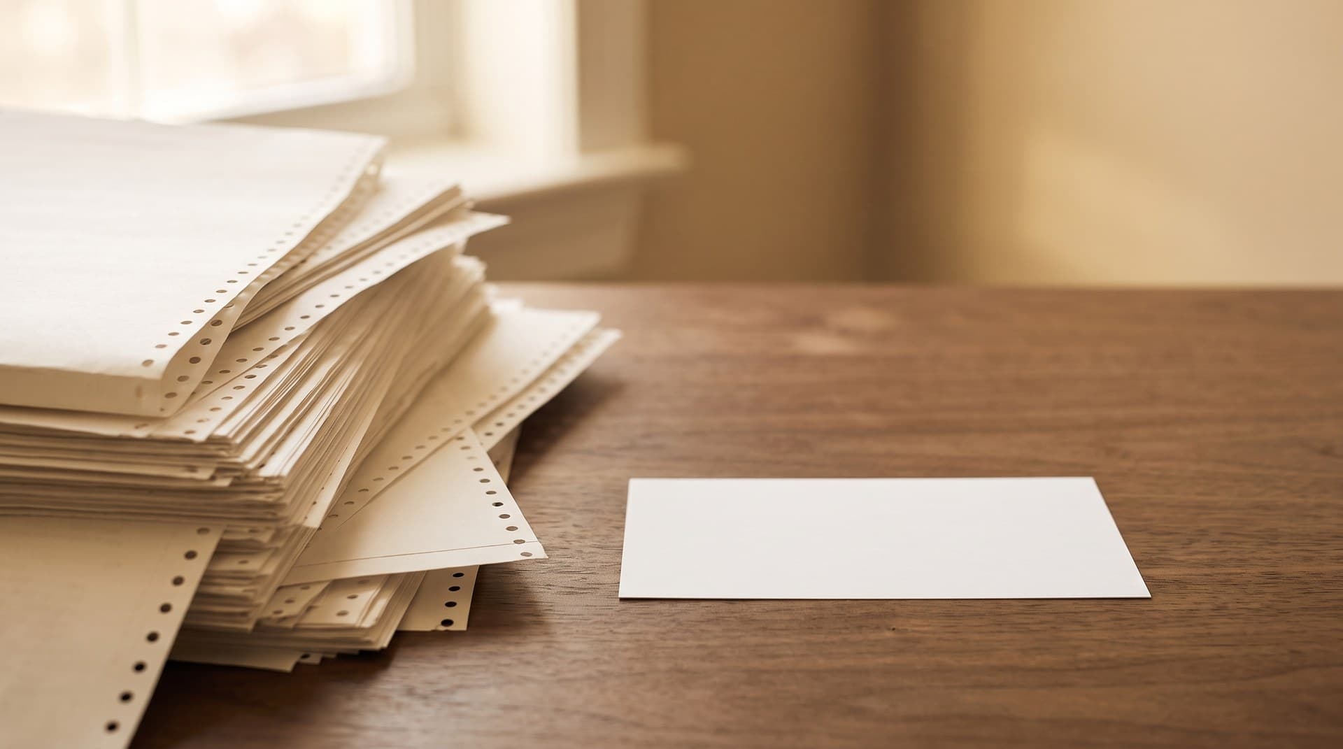 A long accordion-folded fanfold printout stacked beside a single small index card on a warm walnut desk, illustrating a long Claude conversation history compacted into one summary block
