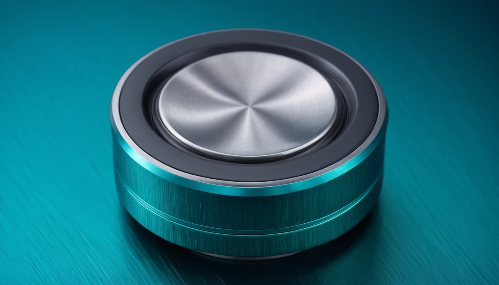 A brushed teal and stainless steel rotary control knob photographed close up on a brushed metal surface, a metaphor for picking one setting on Claude's five-level effort dial