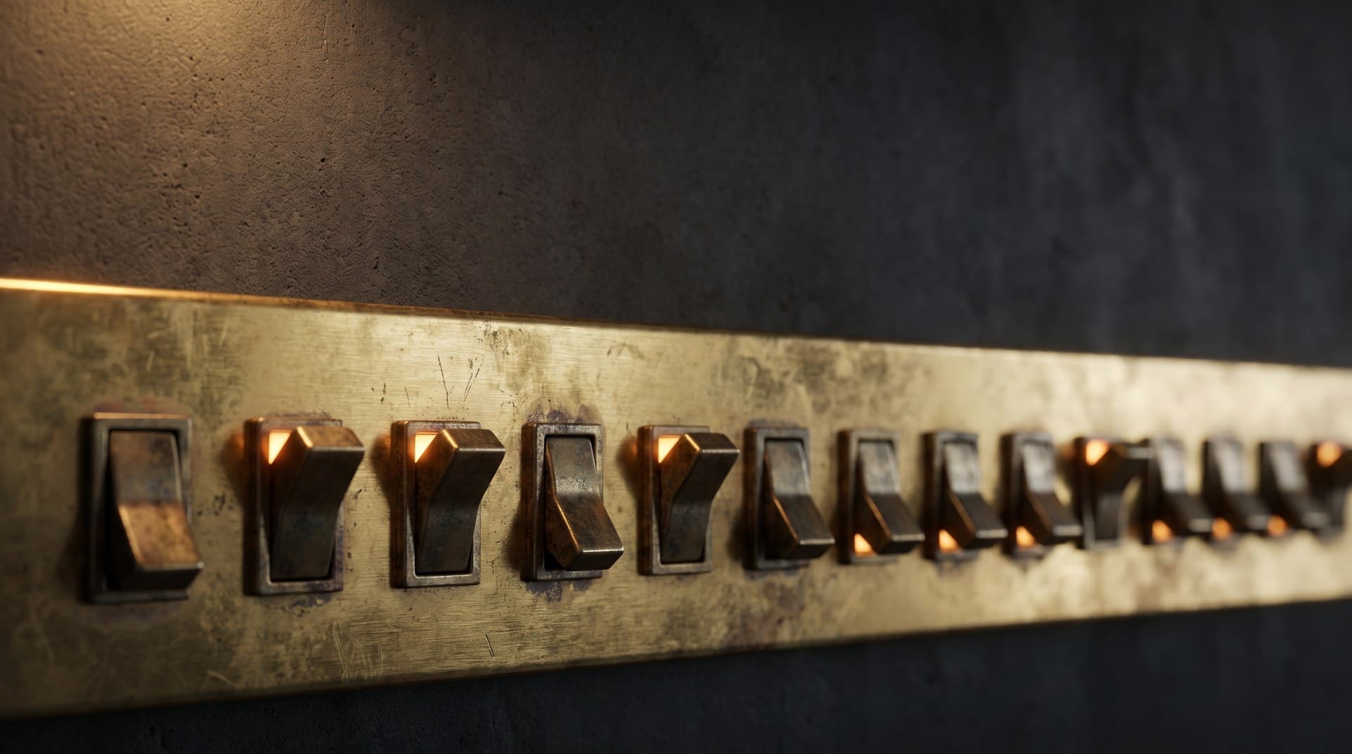 A row of chunky metal toggle switches on an aged brass control panel, about half flipped up and glowing amber while the rest sit dark, representing tools being offered and withdrawn mid-conversation without rewiring the panel