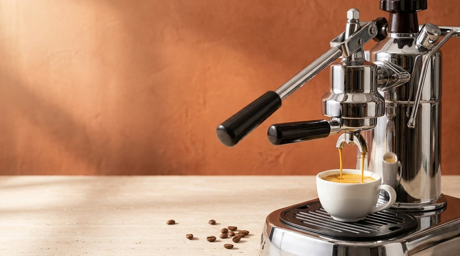 A chrome lever espresso machine pulling a fast double shot into a white cup against a burnt-orange wall, a metaphor for paying a premium for Claude Opus 5.5 fast mode