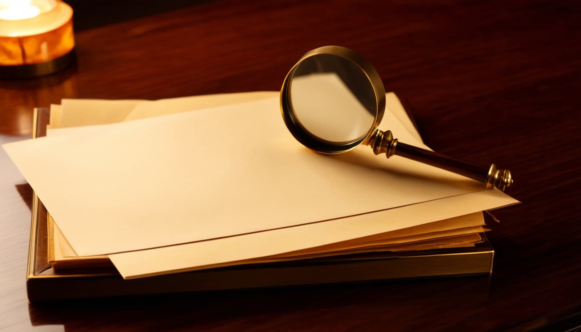 A brass magnifying glass resting on a stack of cream paper on a dark walnut desk, lit by warm amber light, representing an independent grading agent inspecting an AI agent's output