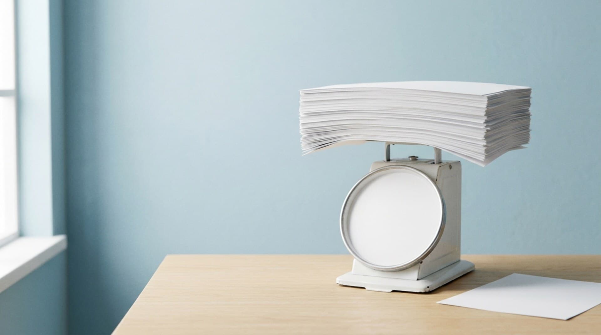 A vintage white postal scale weighing a thick stack of blank paper against a pale blue wall, a metaphor for measuring how many tokens each PDF page costs in the Claude API