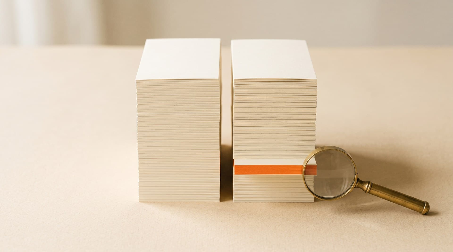 Two identical stacks of cream index cards with one orange-edged card pulled out of the right stack and a brass magnifying glass beside it — a Claude prompt cache miss traced to the one part of the request that changed