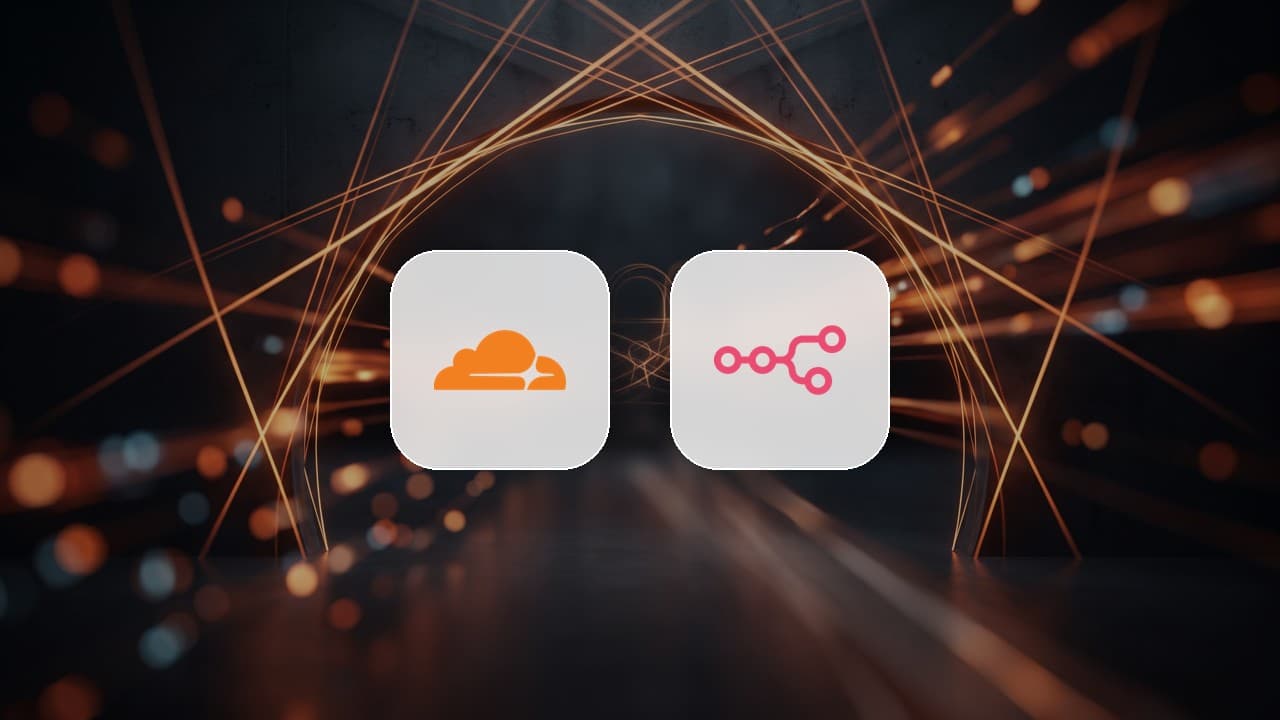 Cloudflare and n8n logos over a glowing amber gateway, representing Cloudflare Access sitting in front of a self-hosted n8n instance