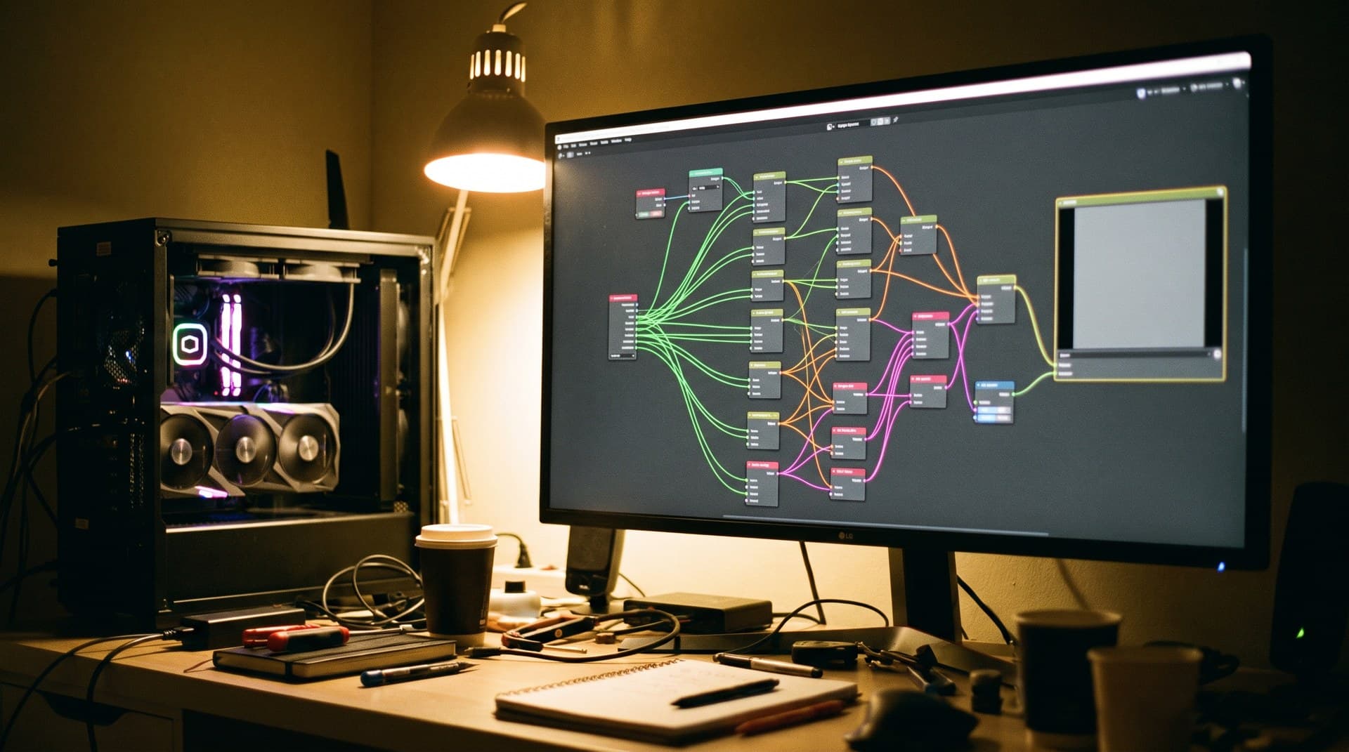 A ComfyUI-style node graph on a monitor at night, colored wires running into an output node whose image preview is an empty grey square, next to an open PC tower with a glowing graphics card — what an empty ComfyUI API /history response feels like