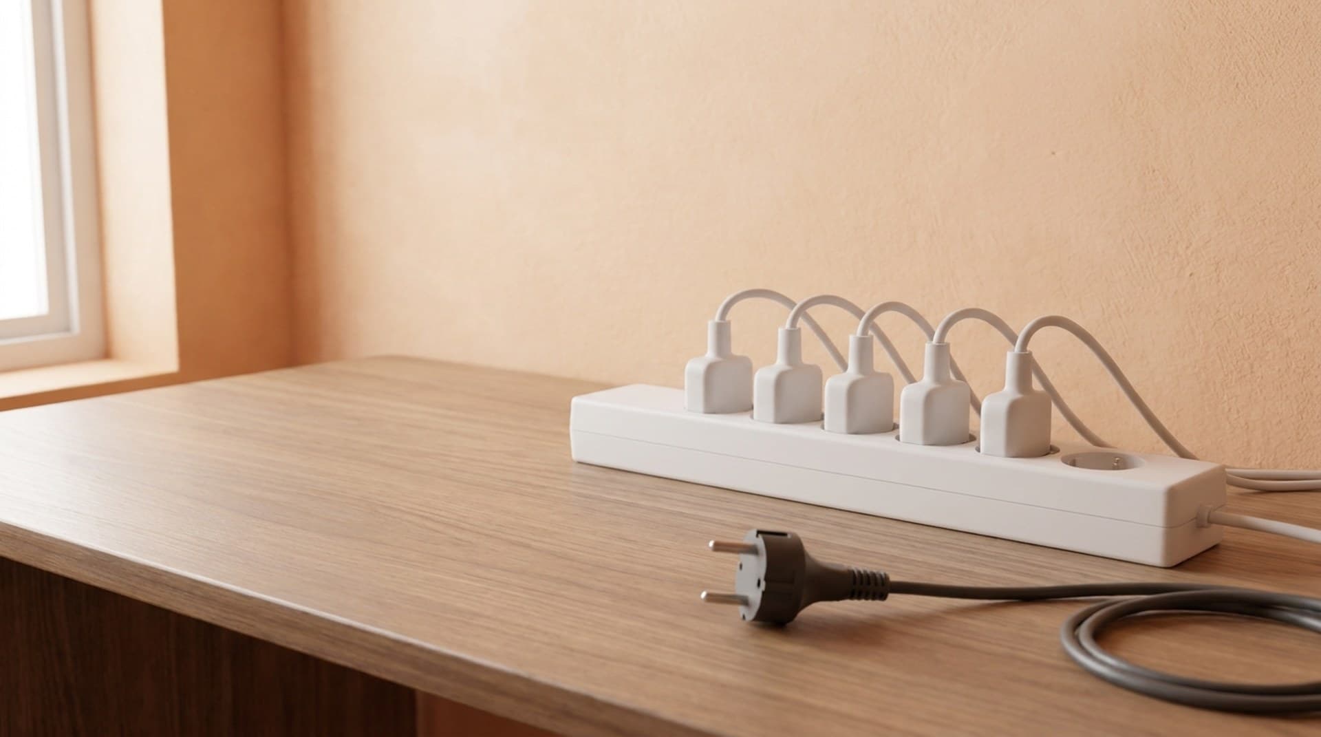A white power strip with five matching plugs inserted and one empty socket, next to a grey plug with incompatible round pins lying unplugged on a walnut desk, a metaphor for a ComfyUI custom node that fails to import
