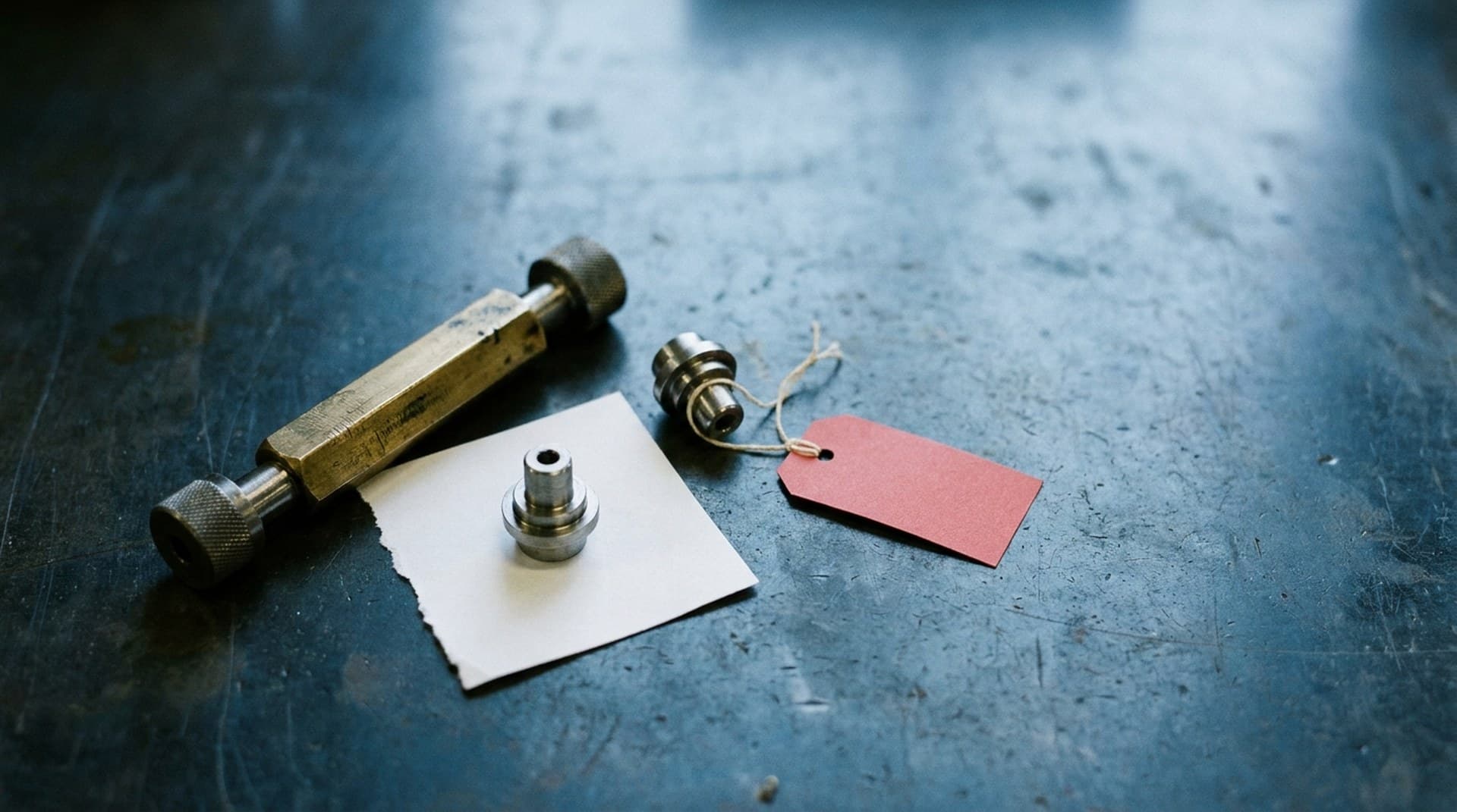 A brass go/no-go plug gauge on a steel workbench next to a machined part on white paper and a second part tagged with a red reject tag, a metaphor for ComfyUI rejecting an API prompt that fails validation