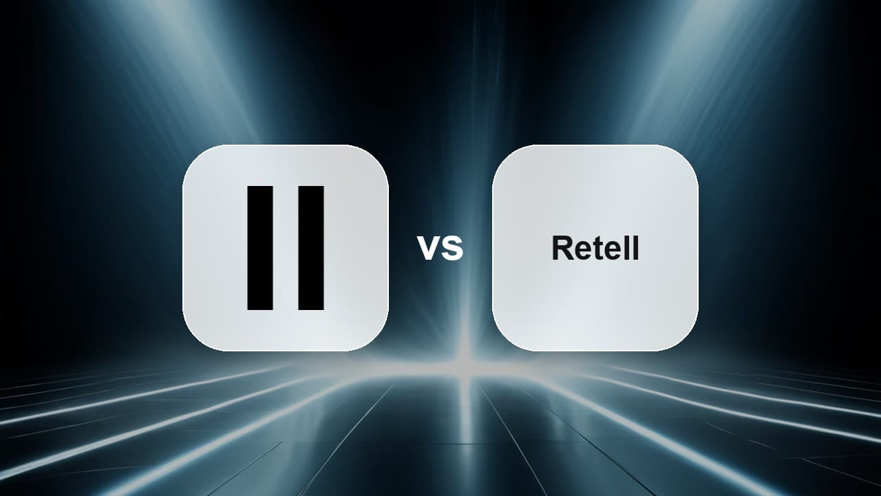 The ElevenLabs logo and a Retell wordmark shown as two frosted app-icon tiles separated by VS, lit by cool steel-blue beams over a dark reflective floor, representing an ElevenLabs Agents vs Retell AI pricing comparison