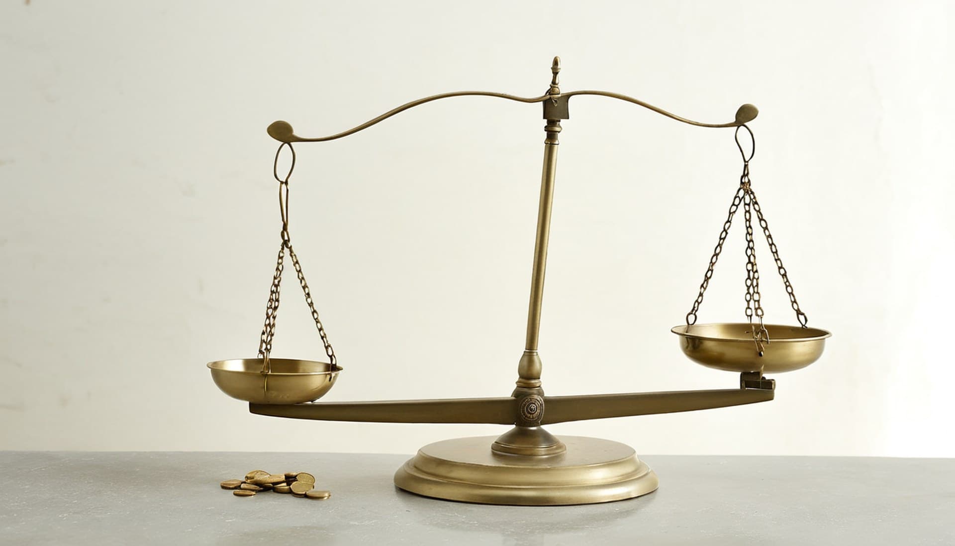 A brass balance scale tipped to one side with both pans empty and a pile of coins sitting on the table beside it, illustrating a Fable 5.1 price cut that never reaches the bill