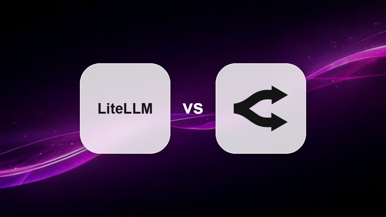 The LiteLLM wordmark and the OpenRouter logo shown as two app-icon tiles either side of a VS divider, over a dark violet abstract routing background