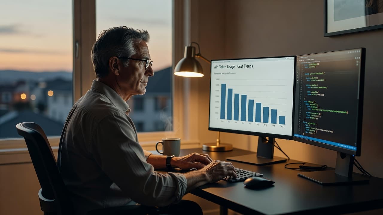 A developer reviewing an API token-usage cost dashboard trending down on a monitor
