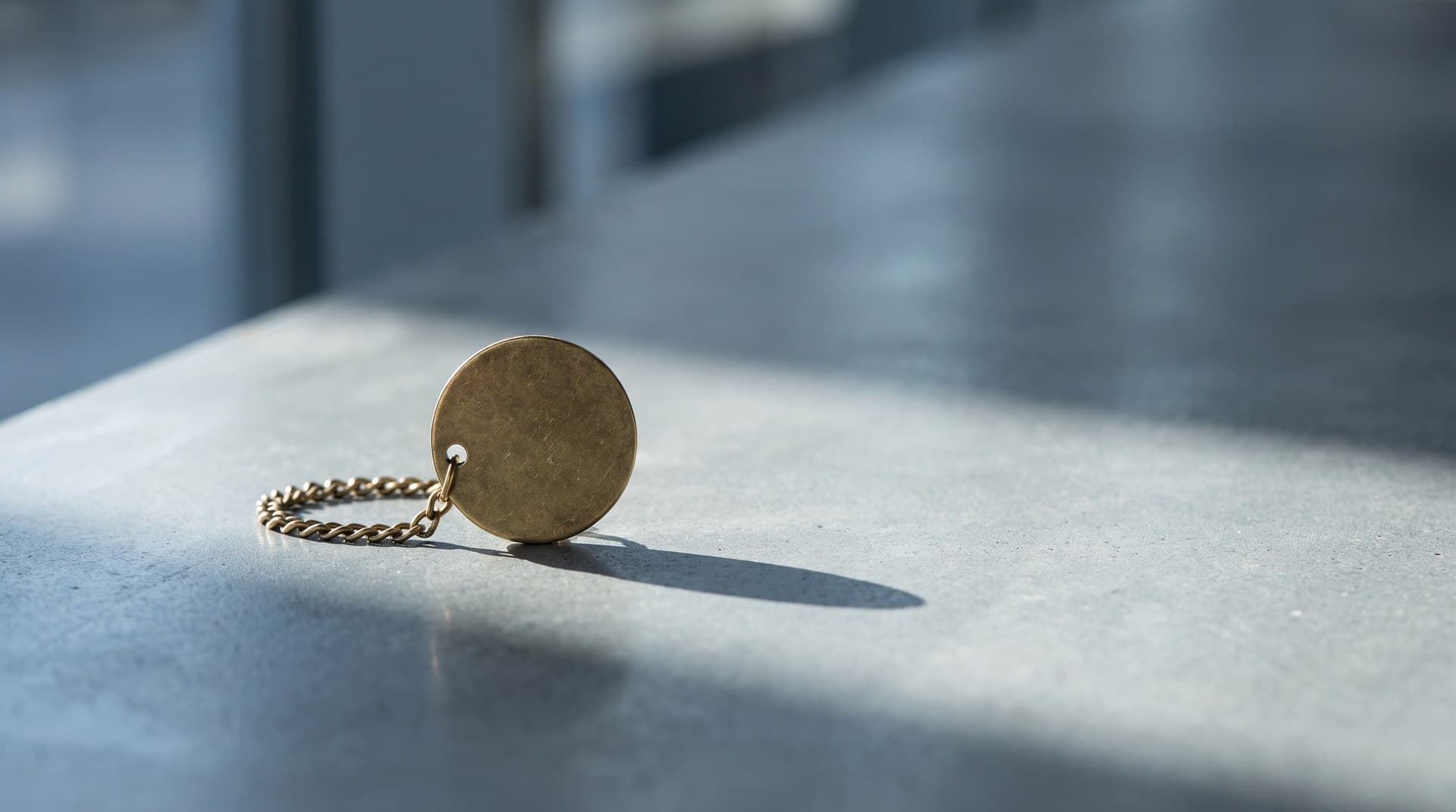 A brass cloakroom claim tag resting on a grey concrete counter in hard daylight, a physical stand-in for the task handle an MCP server returns instead of a finished result