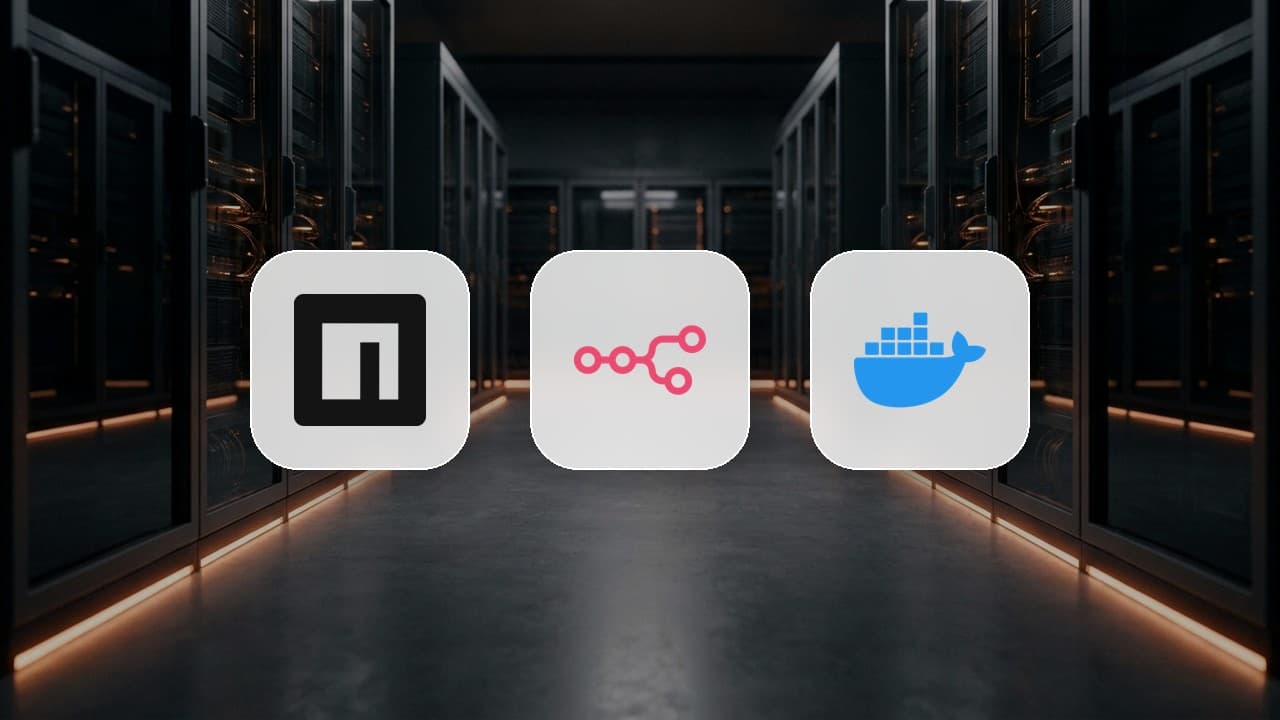 npm, n8n and Docker logo tiles lined up in a dark amber-lit data center aisle