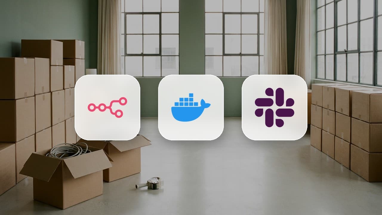 n8n, Docker and Slack logo tiles over a sage-green loft full of packed kraft moving boxes, a metaphor for checking an n8n 2.x instance with the Migration Report before moving it to n8n 3.0