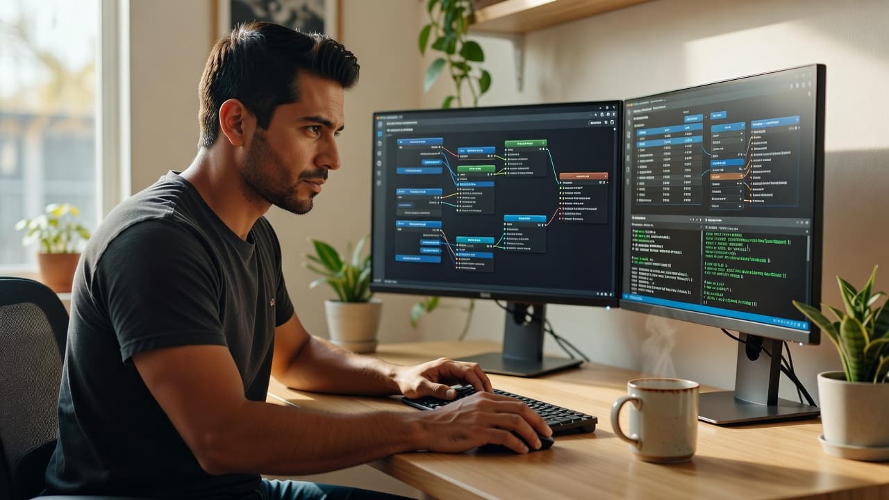 A developer configuring an n8n AI agent workflow on one monitor with a Postgres schema and terminal on the other