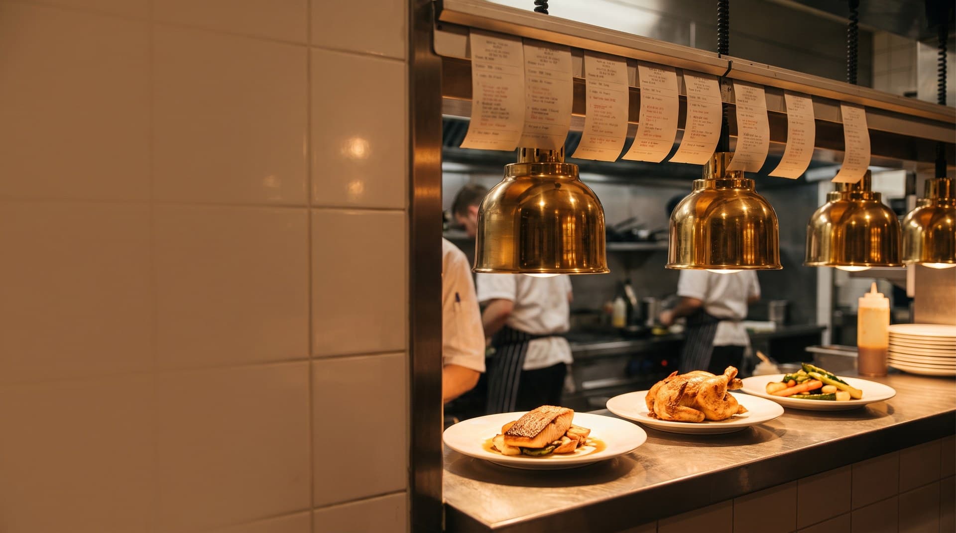 Order tickets clipped along a rail above three plated dishes under brass heat lamps at a restaurant kitchen pass, illustrating an n8n manager agent handing work to specialist sub-agents