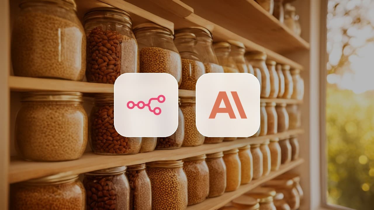 The n8n and Anthropic logos on frosted tiles over a sunlit pantry shelf of identical glass jars, a visual for n8n Anthropic prompt caching storing the same prompt prefix for reuse