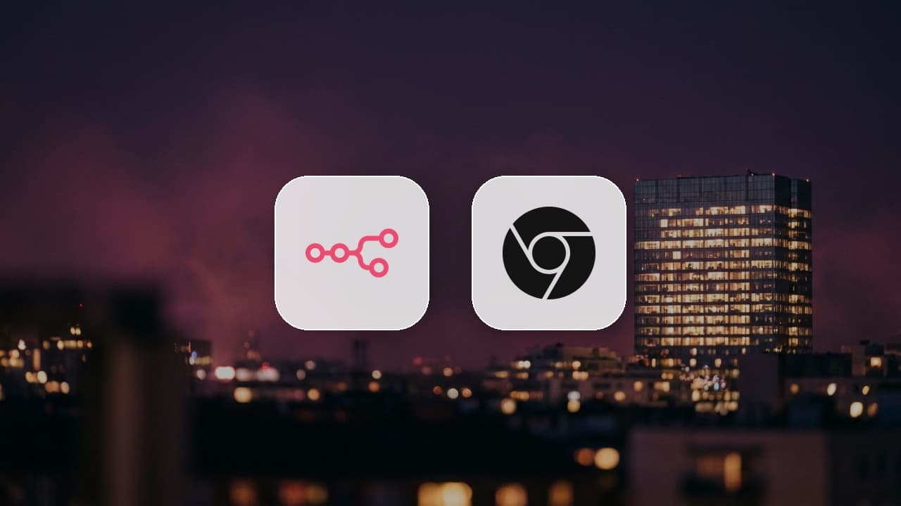 The n8n logo and the Google Chrome logo side by side over a blurred city at dusk, for a guide to n8n Browser Use, the n8n Assistant feature that drives your real Chrome through an extension