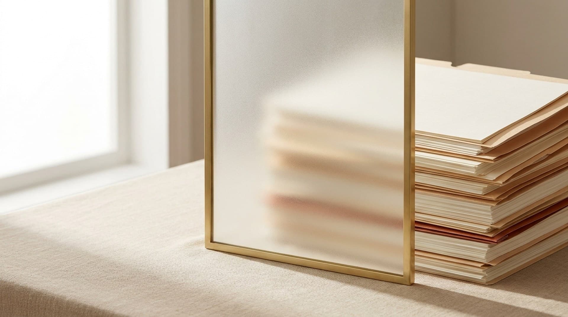 A stack of cream documents and manila folders on a linen table, half hidden behind an upright pane of frosted glass in a brass frame, with the right edge of the stack sticking out past the glass in plain sight — a metaphor for n8n execution data redaction hiding payloads in the UI while the data itself stays stored