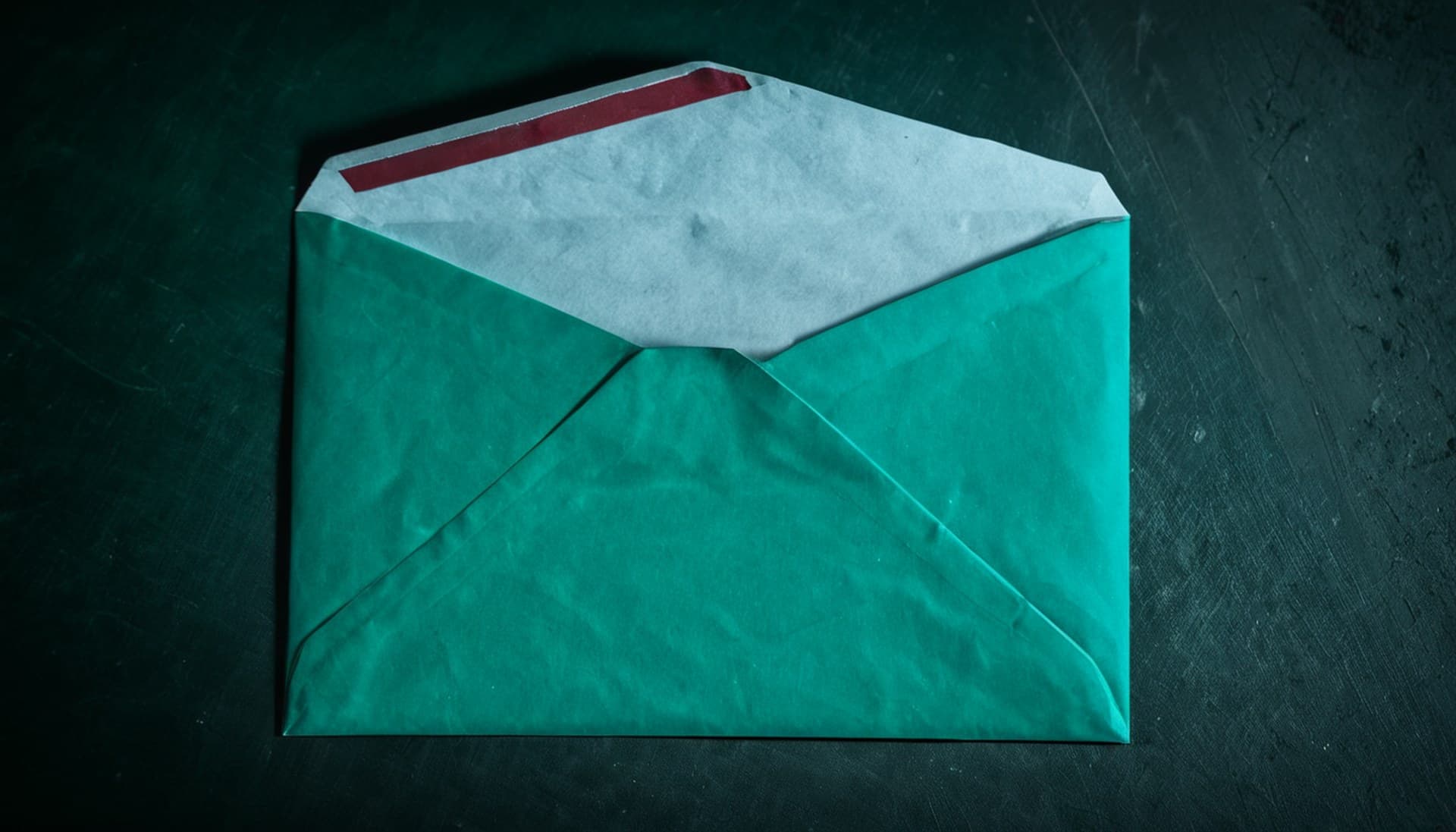 An open teal envelope on a dark surface with a red glow inside, representing hidden instructions in content an n8n AI agent reads