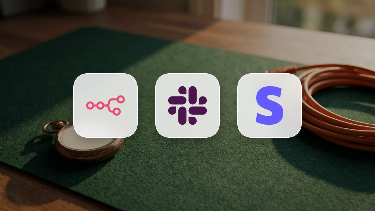 n8n, Slack and Stripe logo tiles over a brass stopwatch and a coiled orange network cable on a green desk mat — the callers that time out when an n8n Respond to Webhook node answers too late