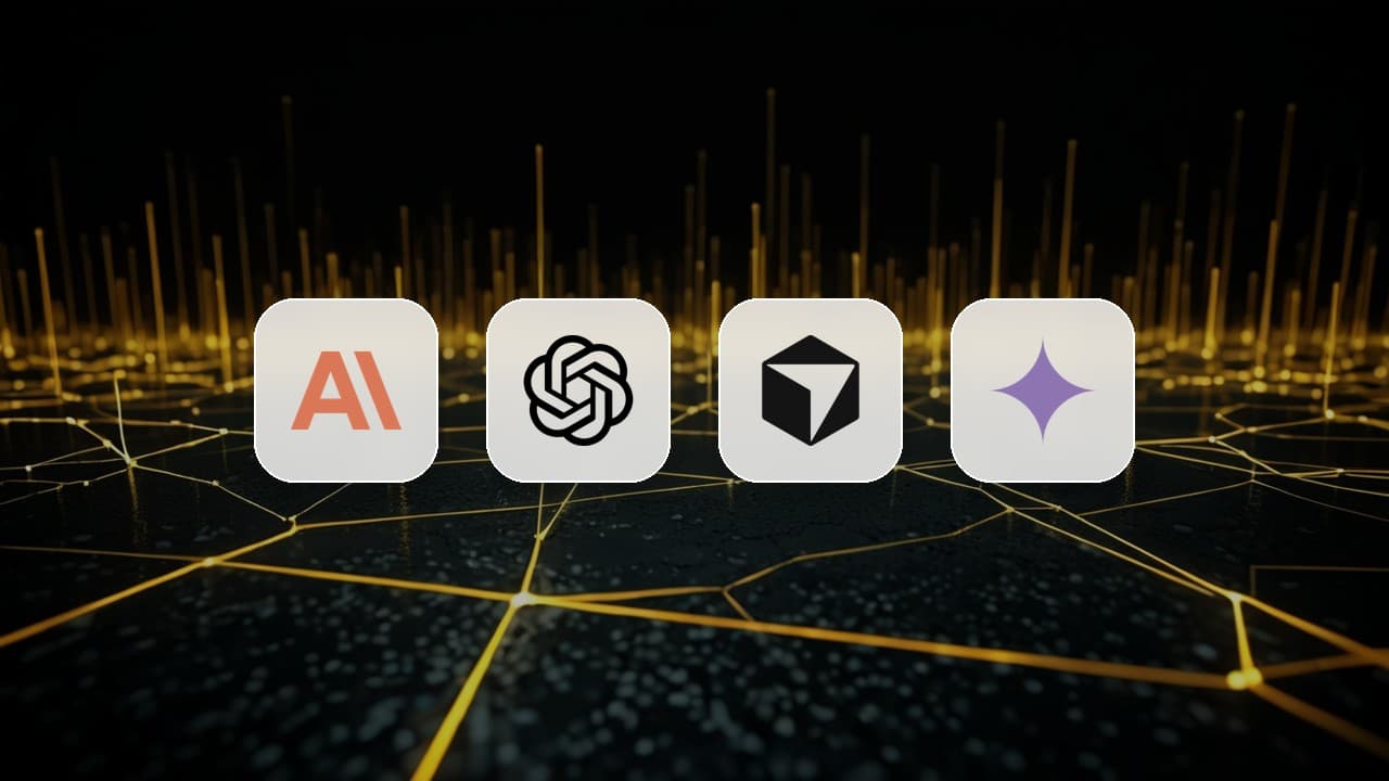 Claude, OpenAI, Cursor and Gemini logo tiles on a gold network background, representing one SKILL.md shared across AI coding agents