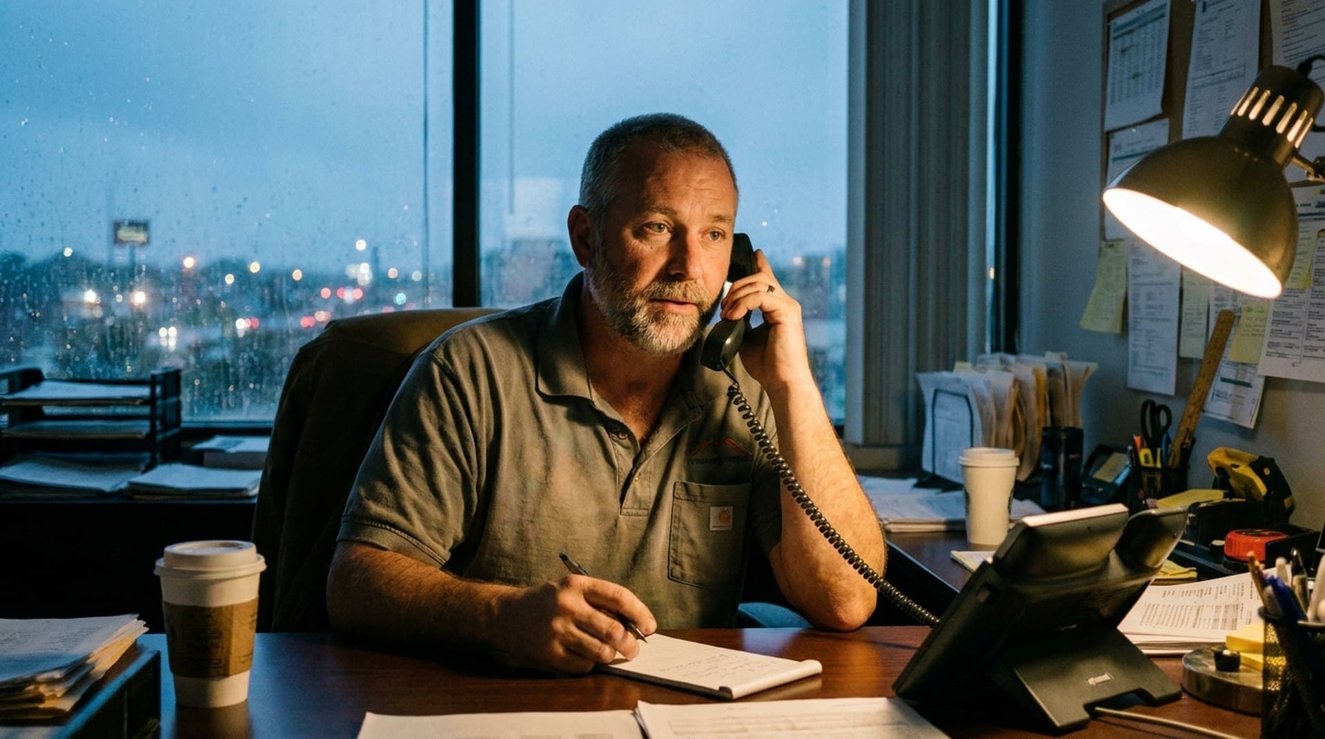 A roofing company dispatcher with a grey beard answering a desk phone at dusk in a small office, rain on the window behind him and a desk lamp lighting a notepad — the human on the receiving end of a Retell AI warm transfer