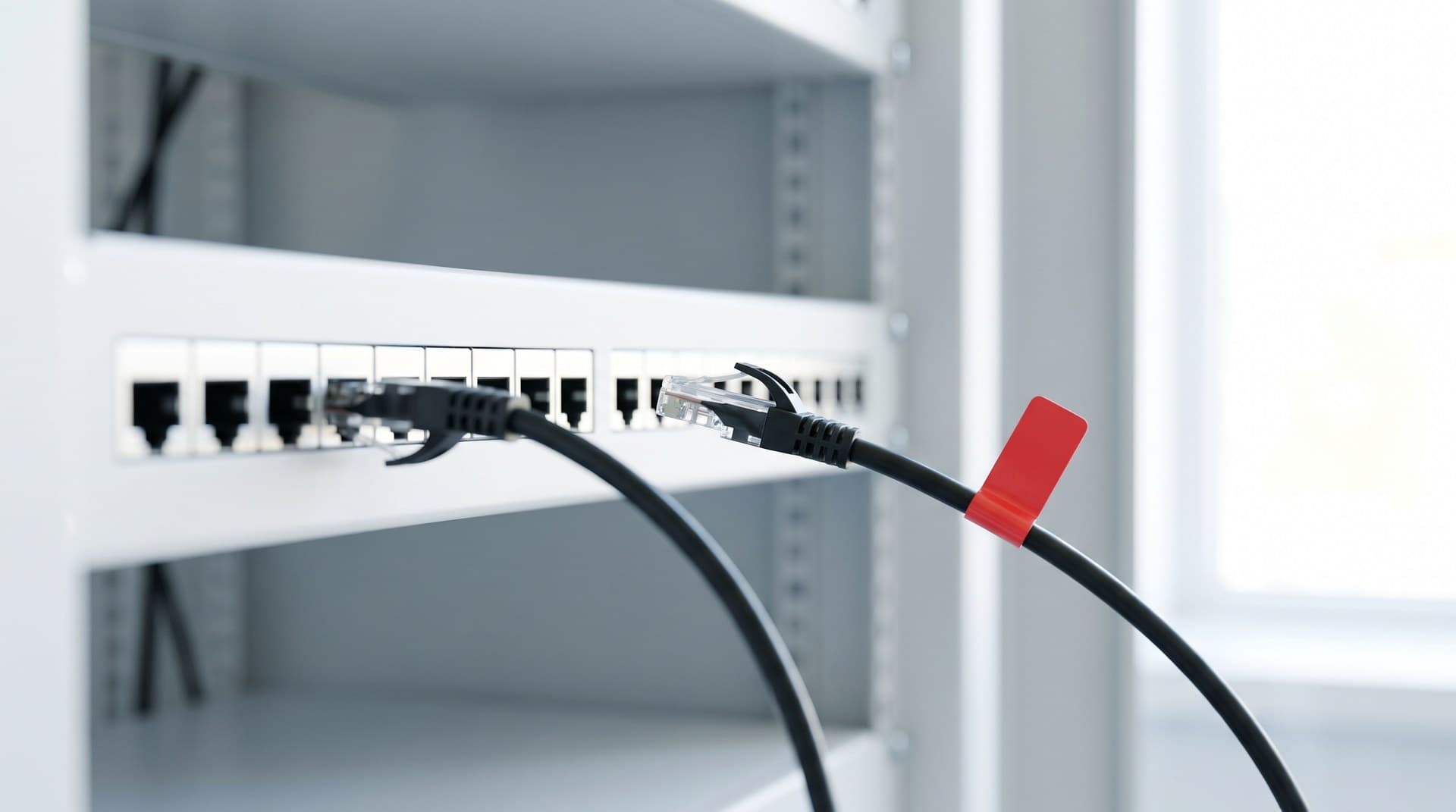 A black patch cable with a red tag unplugged from a white network patch panel and held just short of a different port — the one-hostname change from Retell's legacy LiveKit SIP endpoint to sip.retellai.com
