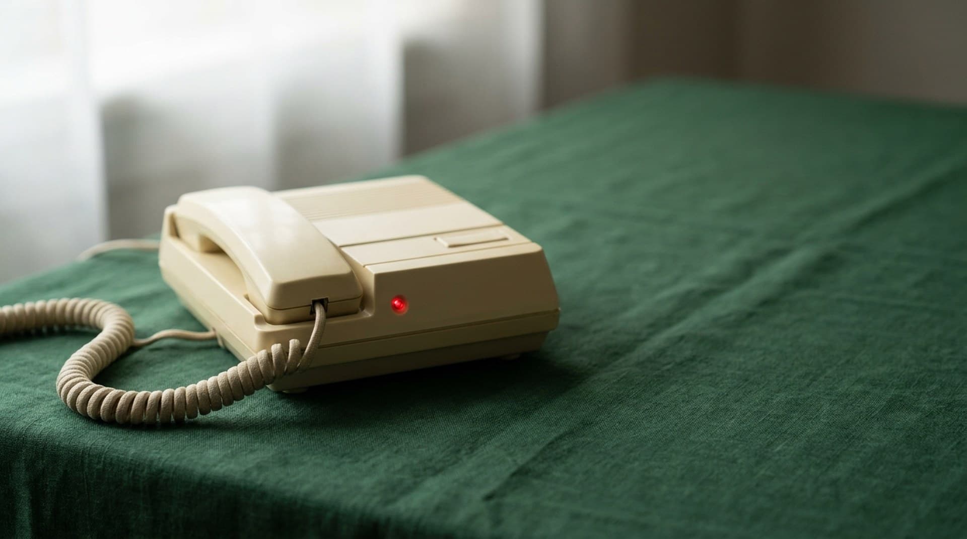 A cream vintage answering machine with a glowing red message light on a forest green tablecloth, illustrating Retell AI voicemail detection on outbound calls