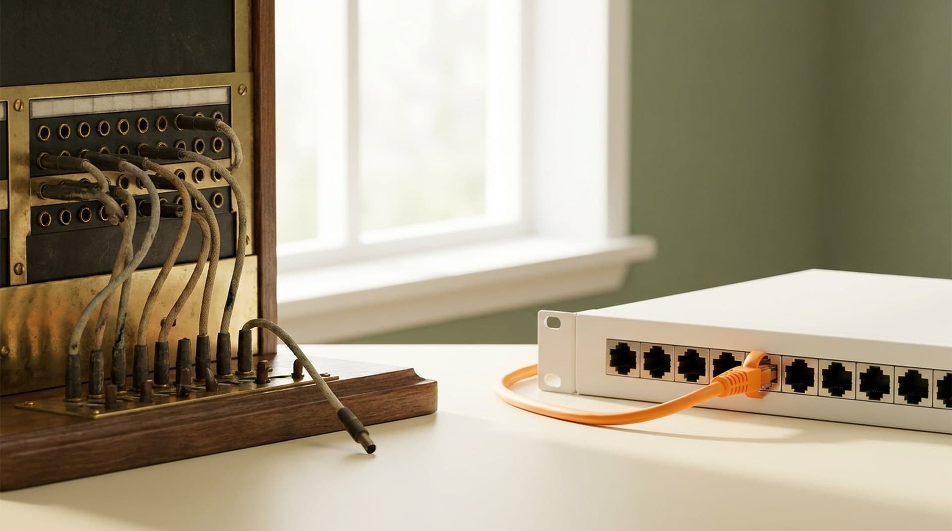 An old brass telephone switchboard with unplugged patch cords next to a modern white network patch panel with one new orange cable, a metaphor for moving Retell web calls from the LiveKit transport to the v3 gateway