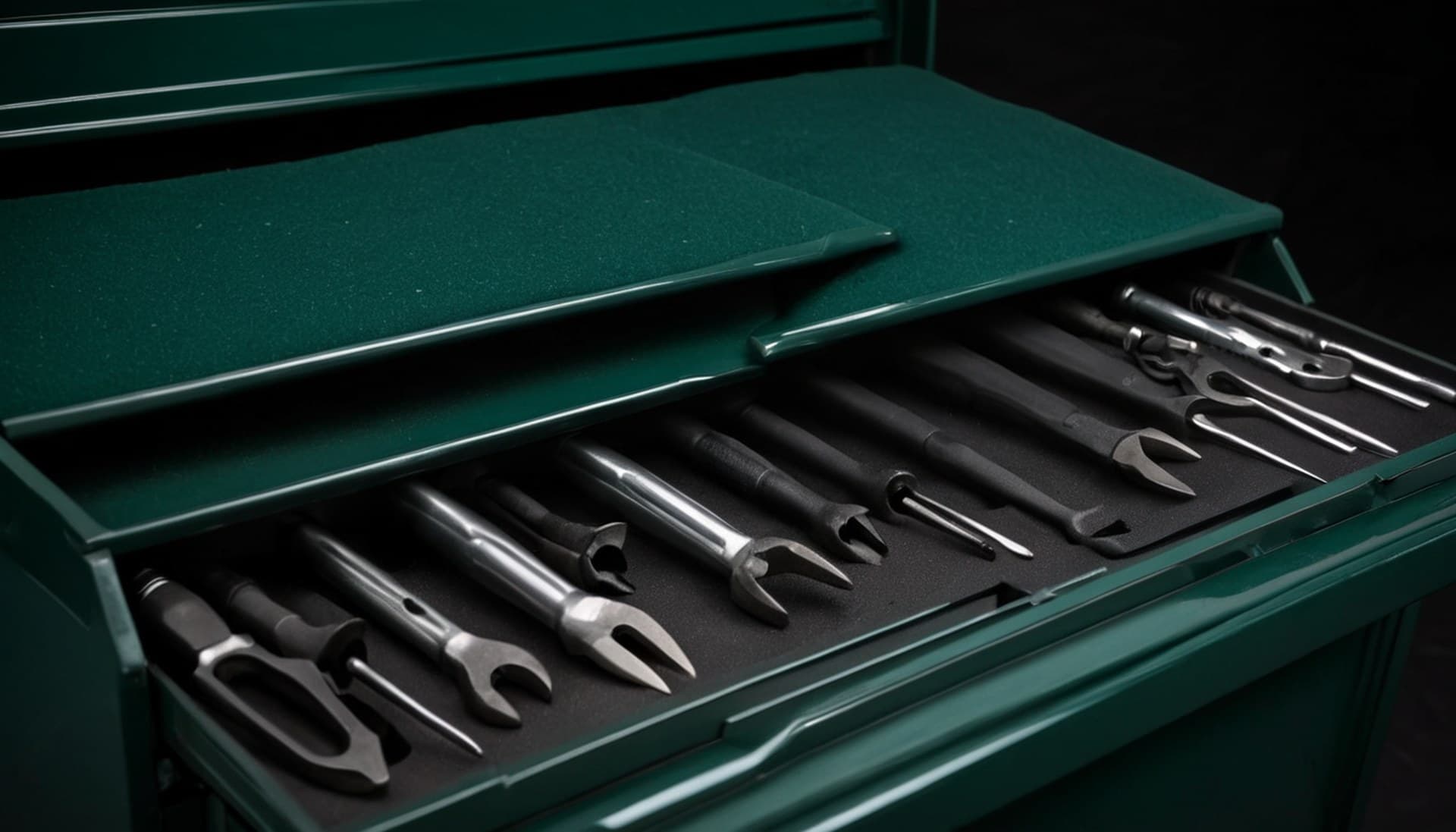 A single drawer pulled open on a dark green steel tool chest, a few chrome precision tools seated in black foam cutouts while the rest of the chest stays closed, representing loading only the tools an agent needs